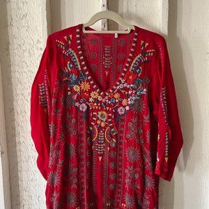 JOHNNY WAS Zillia Embroidered 3/4 Sleeve Tunic, Red, Size M